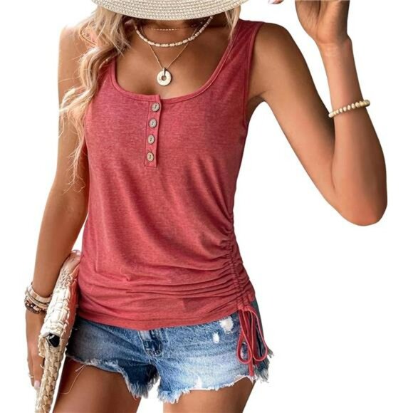 Womens Sleeveless Henley Tank Tops 2 Pack Button V Neck Drawstring Shirts - Picture 5 of 8